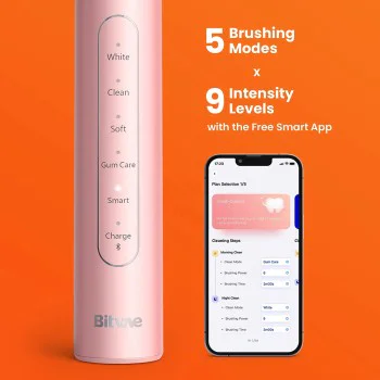 Bitvae - Електрическа четка за зъби (S2 Smart) - Ултразвукова, Мека, 8 глави, Калъф, Сензор за налягане с червена светлина, 5 режима, 1400mAh - Розова