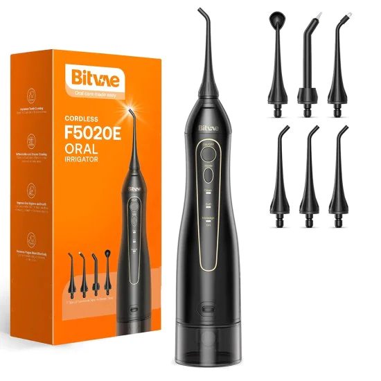 Bitvae - Воден флосър (BV5020E) - с 4 стандартни, 1 пародонтална, 1 ортодонтска, 1 накрайник за език, 300 мл, 3 режима - черен