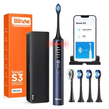 Bitvae - Електрическа четка за зъби (BVS3 Smart) - Sonic, 4 глави с капак, калъф, 5 режима, таймер, сензор за налягане, приложение - нощно синьо