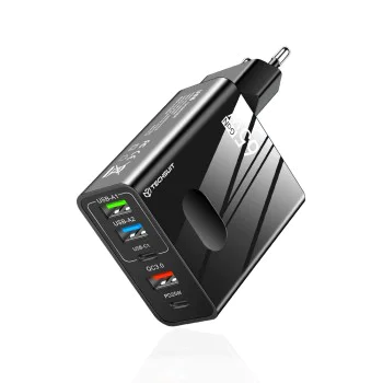 Techsuit - Премиум зарядно за стена PentaXPower (CHC1) - 3x USB, 2x Type-C PD 25W, 65W, GaN, бързо зареждане - черно