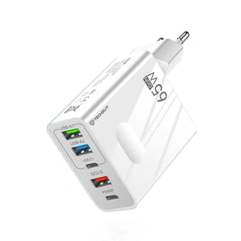 Techsuit - Премиум зарядно за стена PentaXPower (CHC1) - 3x USB, 2x Type-C PD 25W, 65W, GaN, бързо зареждане - бяло