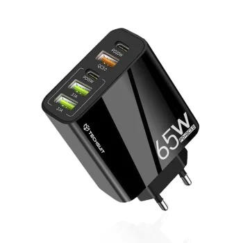 Techsuit - Премиум зарядно за стена PentaXPower (CHC2) - 3x USB QC 3.0, 2x Type-C PD 20W, 65W, GaN, бързо зареждане - черно