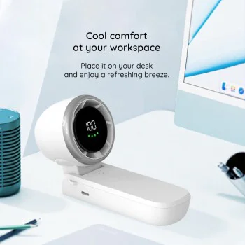 Techsuit - Премиум мини ръчен вентилатор (A9) - с LED дигитален дисплей, USB-C презареждаем, 5 скорости на вятъра, 5000mAh - бял