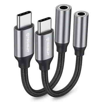 Techsuit - (2 броя) Премиум кабелен адаптер FuseXound (AC12) - Type-C към 3.5 мм жак, 3A, DAC чип, Plug and Play, оплетка - сив