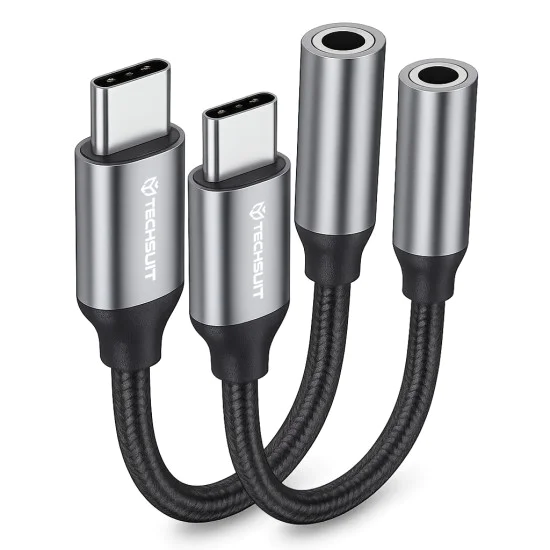 Techsuit - (2 броя) Премиум кабелен адаптер FuseXound (AC12) - Type-C към 3.5 мм жак, 3A, DAC чип, Plug and Play, оплетка - сив