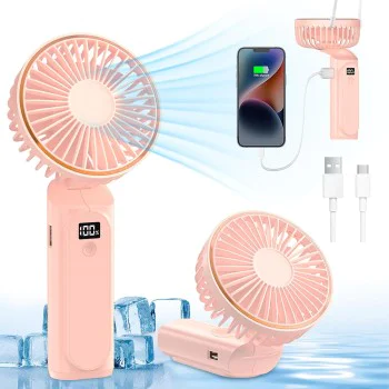 Techsuit - Премиум мини ръчен вентилатор (M12) - с LED дигитален дисплей, USB-C презареждаем, 6 скорости на вятъра, 5000mAh - розов