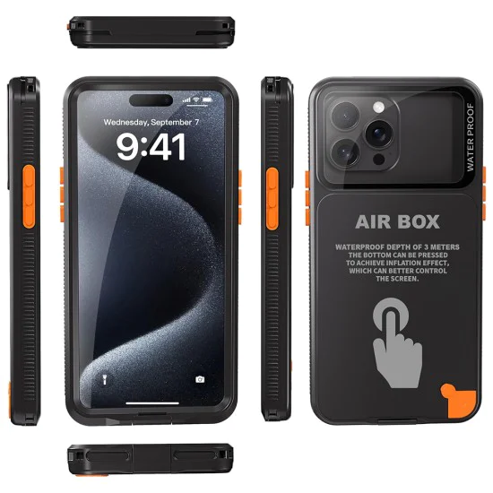 Калъф за iPhone 12/12 Pro/13/13 Pro/14/14 pro/15/15 Pro/16 - ShellBox - AirBox Водоустойчив IP68 Калъф (6.1 инча) - Черен