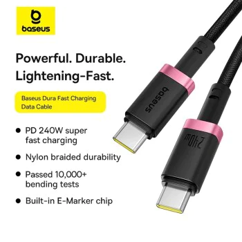 Baseus - Кабел за данни Dura Series (P10377803U03-01) - за MacBook, бързо зареждане, Type-C, PD 240W, 480Mbps, 1m - Червен / Черен