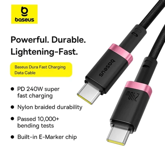 Baseus - Кабел за данни Dura Series (P10377803U03-01) - за MacBook, бързо зареждане, Type-C, PD 240W, 480Mbps, 1m - Червен / Черен