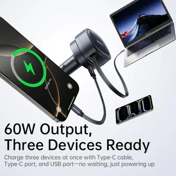Baseus - Зарядно за кола PrimeTrip VR1 (C00069001121-00) - с прибиращ се кабел, 2 x Type-C, USB, 60W - Черно