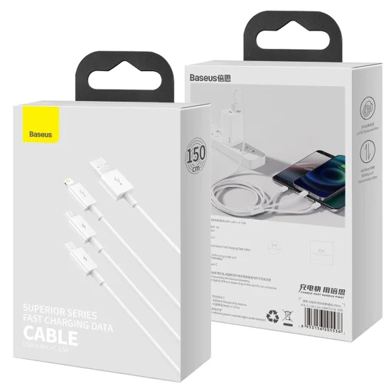 Baseus - Кабел за данни Superior Series (P10320105221-00) - USB към Type-C, Micro-USB, Lightning, Бързо зареждане, 1 м - Звездно бял