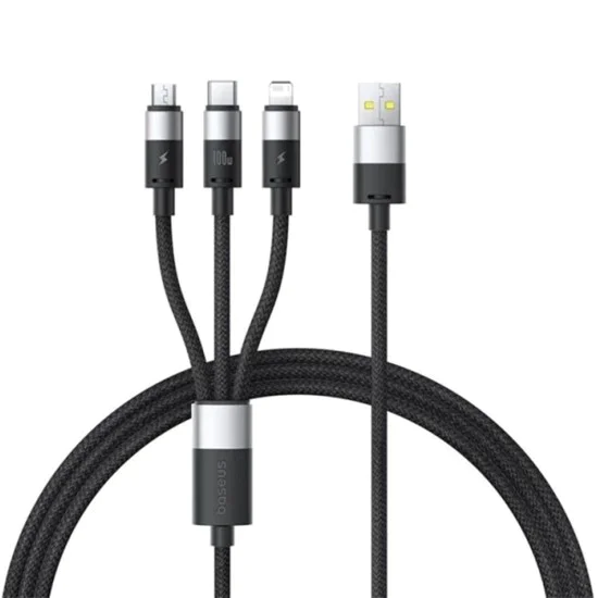 Baseus - Кабел за данни (P10319900111-01) - USB към Type-C, Lightning, Micro-USB, 100W, 1.5 м - Черен
