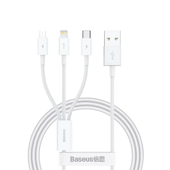 Baseus - Кабел за данни Superior Series (P10320105221-00) - USB към Type-C, Micro-USB, Lightning, Бързо зареждане, 1 м - Звездно бял