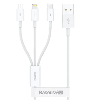 Baseus - Кабел за данни (P10320105221-01) - USB към Type-C, Lightning, Micro-USB, 3.5A, 0.5 м - Бял