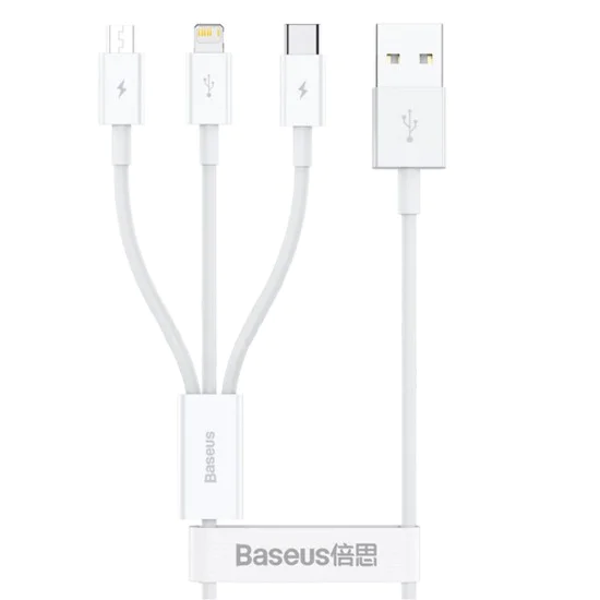 Baseus - Кабел за данни (P10320105221-01) - USB към Type-C, Lightning, Micro-USB, 3.5A, 0.5 м - Бял