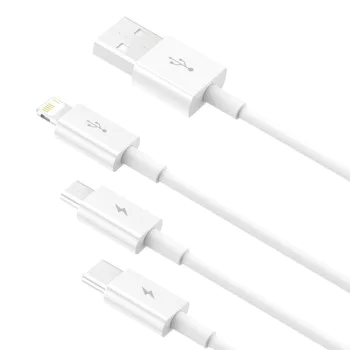 Baseus - Кабел за данни (P10320105221-01) - USB към Type-C, Lightning, Micro-USB, 3.5A, 0.5 м - Бял