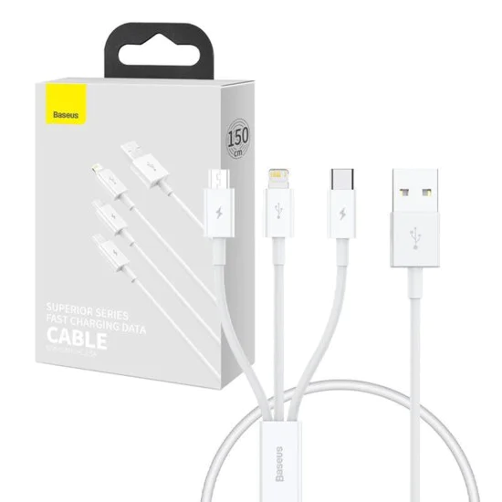 Baseus - Кабел за данни (P10320105221-01) - USB към Type-C, Lightning, Micro-USB, 3.5A, 0.5 м - Бял