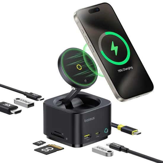 Baseus - Докинг станция MagPro Series II (B00072900121-00) - Магнитна, USB, USB-C, HDMI, SD, 100W, 10Gbps, Qi2 15W - Черна