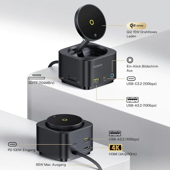 Baseus - Докинг станция MagPro Series II (B00072900121-00) - Магнитна, USB, USB-C, HDMI, SD, 100W, 10Gbps, Qi2 15W - Черна