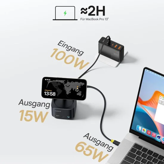 Baseus - Докинг станция MagPro Series II (B00072900121-00) - Магнитна, USB, USB-C, HDMI, SD, 100W, 10Gbps, Qi2 15W - Черна