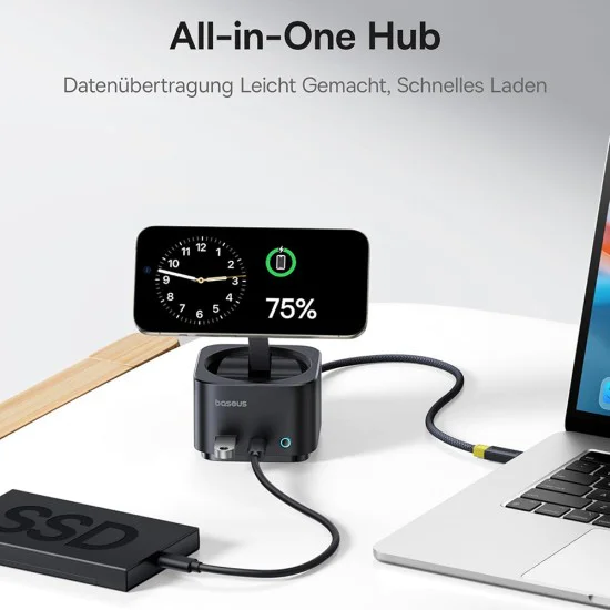 Baseus - Докинг станция MagPro Series II (B00072900121-00) - Магнитна, USB, USB-C, HDMI, SD, 100W, 10Gbps, Qi2 15W - Черна