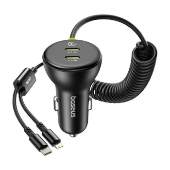 Baseus - Зарядно за кола (C00035902121-00) - 2x USB-C, Бързо зареждане с USB-C, Lightning Spring кабел, 60W, 3A, 1.4 м - Черен
