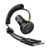 Baseus - Зарядно за кола (C00035902121-00) - 2x USB-C, Бързо зареждане с USB-C, Lightning Spring кабел, 60W, 3A, 1.4 м - Черен