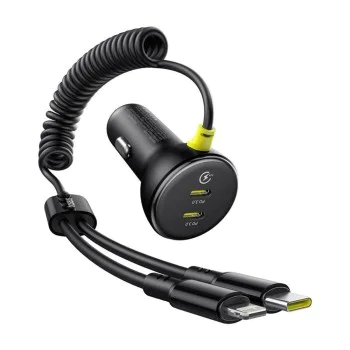 Baseus - Зарядно за кола (C00035902121-00) - 2x USB-C, Бързо зареждане с USB-C, Lightning Spring кабел, 60W, 3A, 1.4 м - Черен