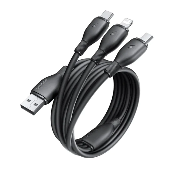 Baseus - Ултрабърз кабел за данни (P10376303121-00) - Бързо зареждане, USB към Micro-USB, Lightning, USB-C, 3.5A, 1.3 м - Черен