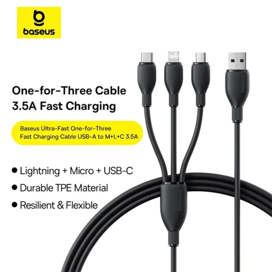 Baseus - Ултрабърз кабел за данни (P10376303121-00) - Бързо зареждане, USB към Micro-USB, Lightning, USB-C, 3.5A, 1.3 м - Черен