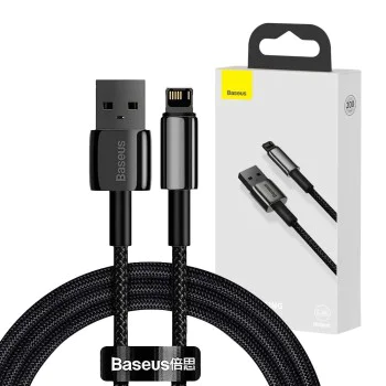 Baseus - Кабел за данни Tungsten Gold (CALWJ-A01) - USB-A към Lightning, 2.4A, 480Mbps, 20W, 2m - Черен