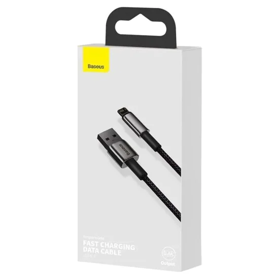 Baseus - Кабел за данни Tungsten Gold (CALWJ-A01) - USB-A към Lightning, 2.4A, 480Mbps, 20W, 2m - Черен