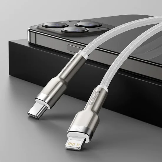 Baseus - Кабел за данни Cafule Series Metal (CATLJK-A02) - Type-C към Lightning, Бързо зареждане, 20W, 480Mbps, 1m - Бял
