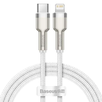 Baseus - Кабел за данни Cafule Series Metal (CATLJK-A02) - Type-C към Lightning, Бързо зареждане, 20W, 480Mbps, 1m - Бял