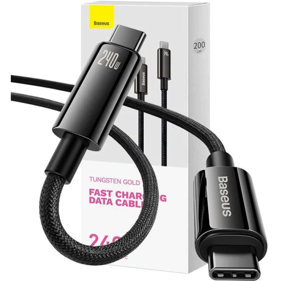 Baseus - Кабел за данни Tungsten Gold (CAWJ040101) - Type-C към Type-C, Бързо зареждане, 240W, 2 м - Черен