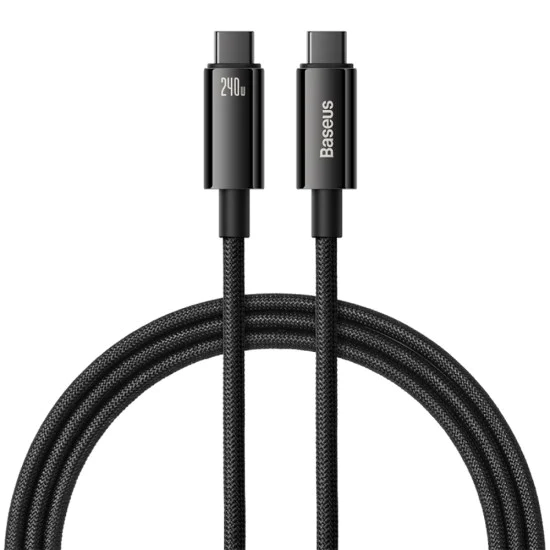 Baseus - Кабел за данни Tungsten Gold (CAWJ040101) - Type-C към Type-C, Бързо зареждане, 240W, 2 м - Черен