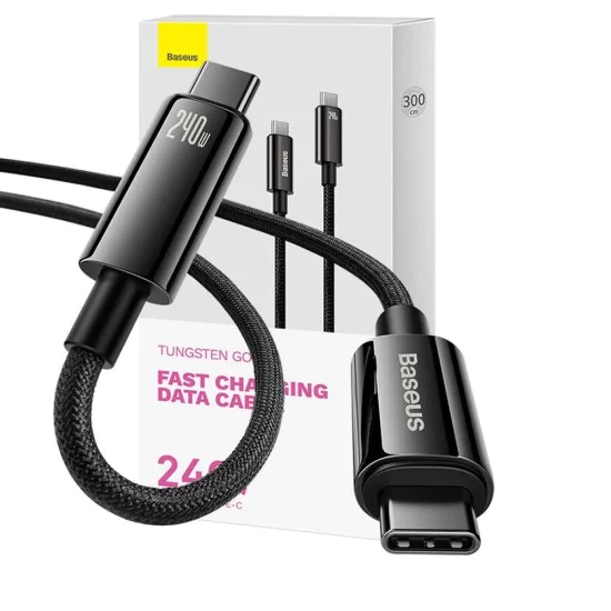 Baseus - Кабел за данни Tungsten Gold (CAWJ040201) - Type-C към Type-C, Бързо зареждане, 240W, 3 м - Черен