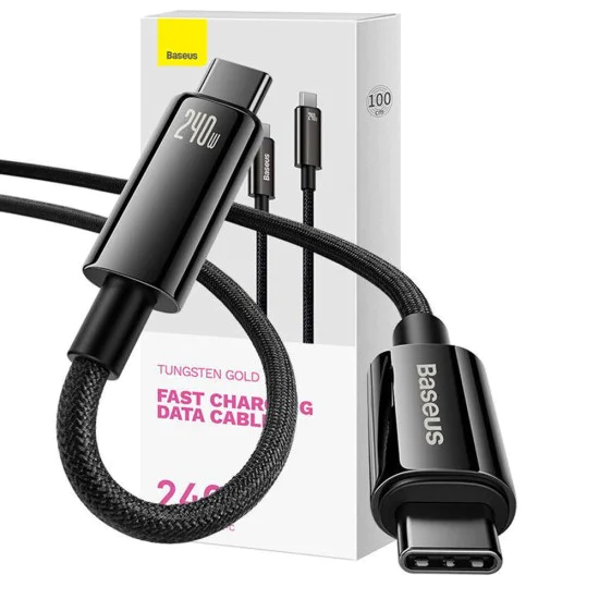 Baseus - Кабел за данни Tungsten Gold (CAWJ040001) - Type-C към Type-C, Бързо зареждане, 240W, 1 м - Черен