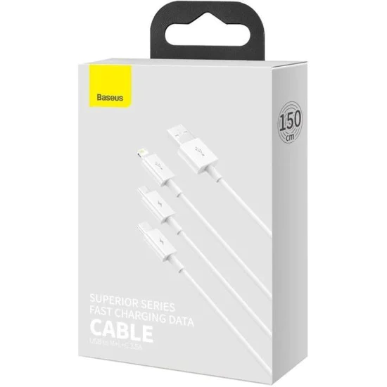 Baseus - Кабел за данни Superior Series (CAMLTYS-02) - USB към Type-C, Micro-USB, Lightning, Бързо зареждане 3.5A, 20W, 1.2 м - Бял