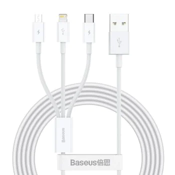 Baseus - Кабел за данни Superior Series (CAMLTYS-02) - USB към Type-C, Micro-USB, Lightning, Бързо зареждане 3.5A, 20W, 1.2 м - Бял