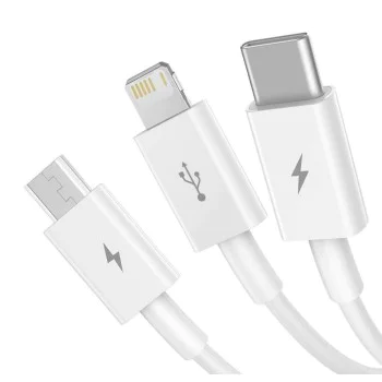Baseus - Кабел за данни Superior Series (CAMLTYS-02) - USB към Type-C, Micro-USB, Lightning, Бързо зареждане 3.5A, 20W, 1.2 м - Бял
