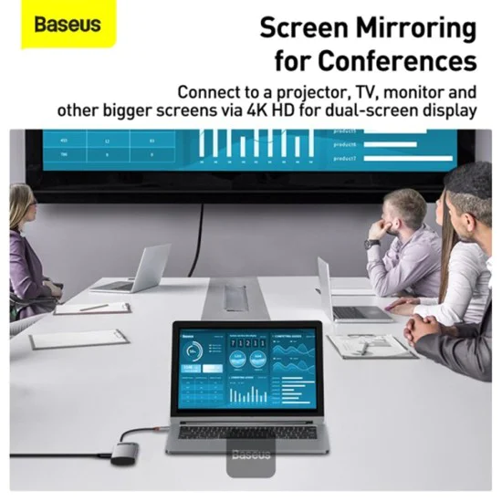 Baseus - Докинг станция Metal Glam (CAHUB-CY0G) - Type-C към 2x USB, Type-C, HDMI, 4K@30 Hz, PD100W - Сив