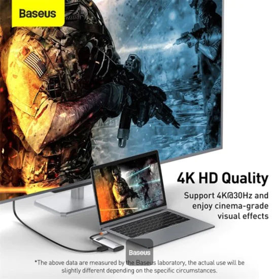Baseus - Докинг станция Metal Glam (CAHUB-CY0G) - Type-C към 2x USB, Type-C, HDMI, 4K@30 Hz, PD100W - Сив
