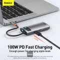 Baseus - Докинг станция Metal Glam (CAHUB-CY0G) - Type-C към 2x USB, Type-C, HDMI, 4K@30 Hz, PD100W - Сив