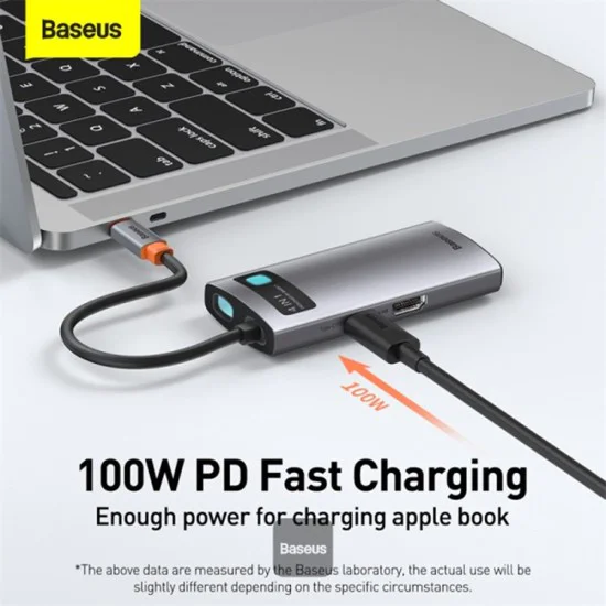 Baseus - Докинг станция Metal Glam (CAHUB-CY0G) - Type-C към 2x USB, Type-C, HDMI, 4K@30 Hz, PD100W - Сив
