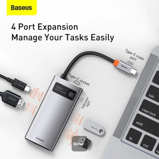 Baseus - Докинг станция Metal Glam (CAHUB-CY0G) - Type-C към 2x USB, Type-C, HDMI, 4K@30 Hz, PD100W - Сив