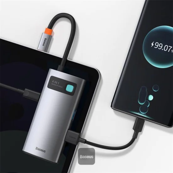 Baseus - Докинг станция Metal Glam (CAHUB-CY0G) - Type-C към 2x USB, Type-C, HDMI, 4K@30 Hz, PD100W - Сив