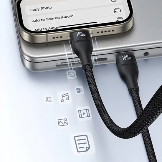 Baseus - Кабел за данни Flash Series 3 (P10377502111-00) - Бързо зареждане, USB-C към 2x USB-C, Lightning, 100W, 480Mbps, 1.5 м - Черен