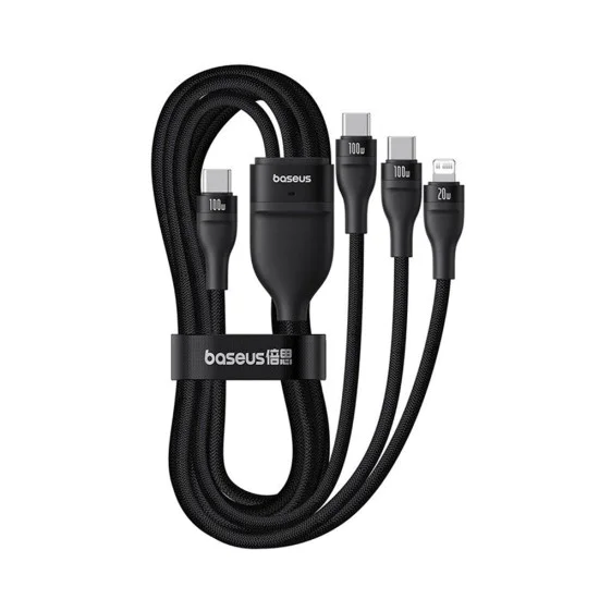 Baseus - Кабел за данни Flash Series 3 (P10377502111-00) - Бързо зареждане, USB-C към 2x USB-C, Lightning, 100W, 480Mbps, 1.5 м - Черен