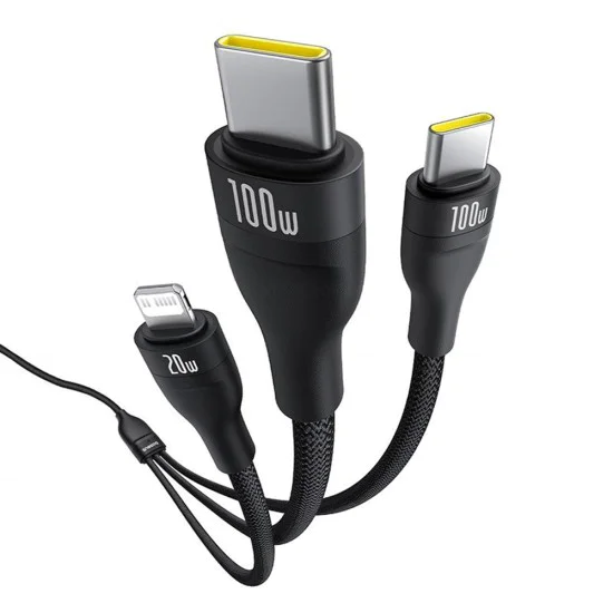 Baseus - Кабел за данни Flash Series 3 (P10377502111-00) - Бързо зареждане, USB-C към 2x USB-C, Lightning, 100W, 480Mbps, 1.5 м - Черен